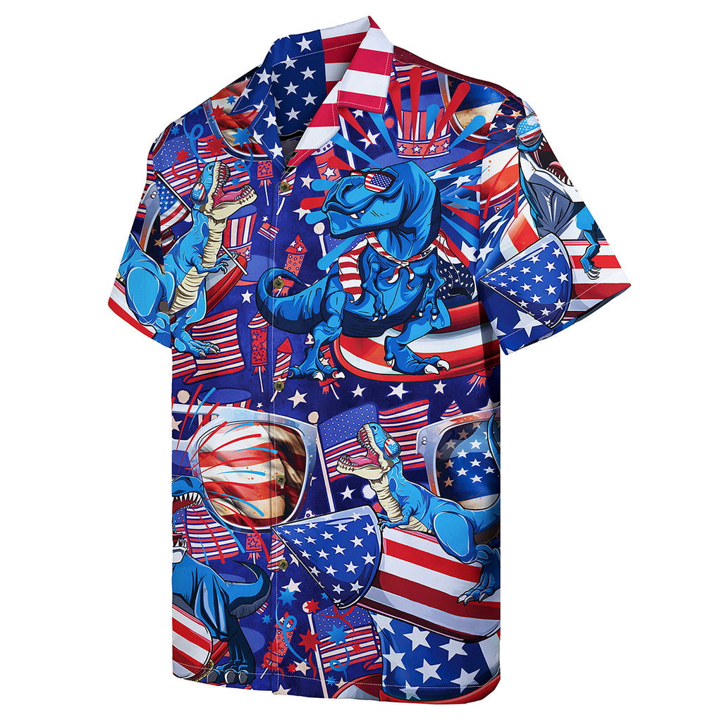 T-Rex Patriotic Hawaiian Shirt – Funny Dinosaur Button Down Summer Shirt for Men – USA Flag Style