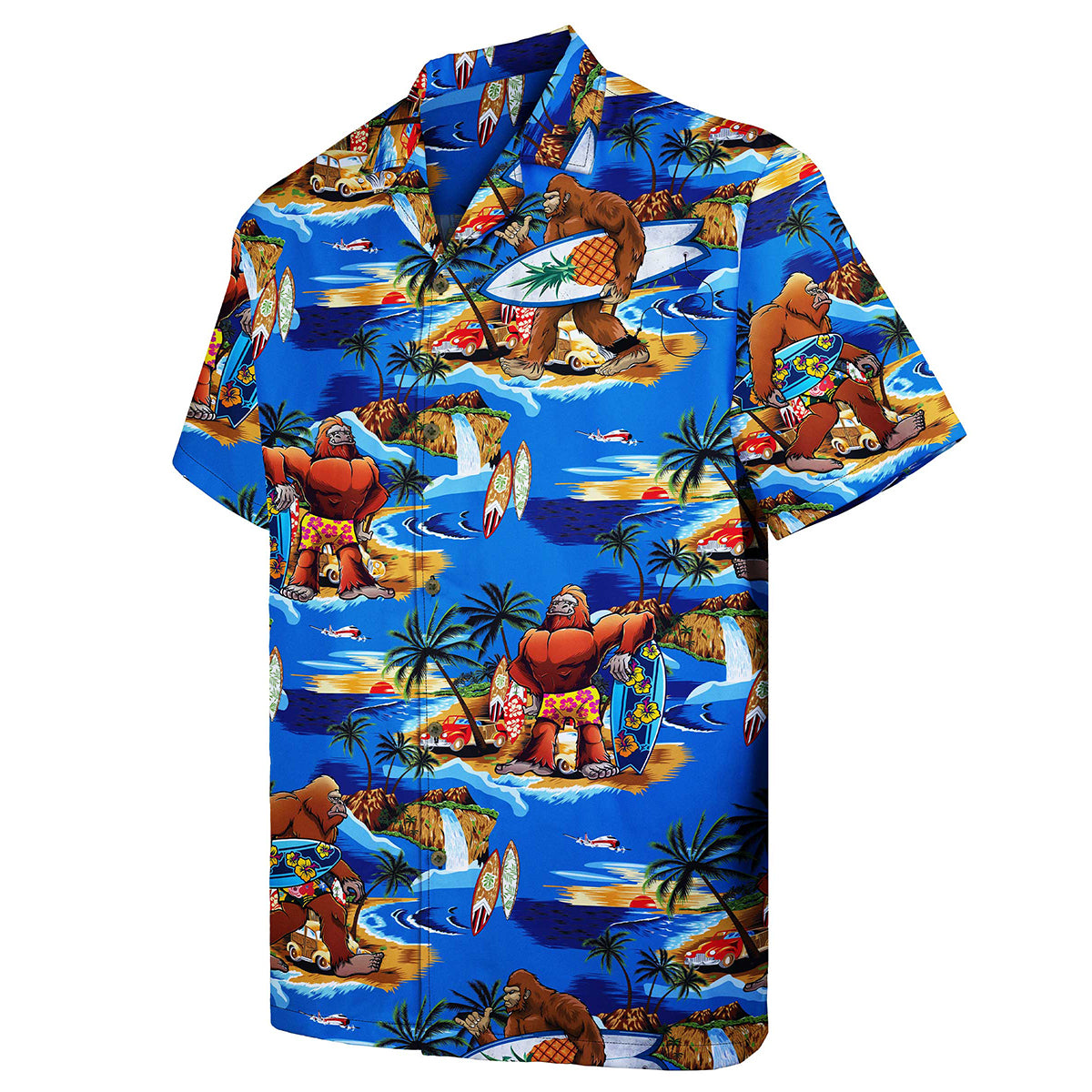 Funny Hawaiian Shirt with Bigfoot Surfing Design, Short Sleeve Button Down Shirt for Men and Women – Perfect for Summer Vacation, Beach Party and Luau Nights