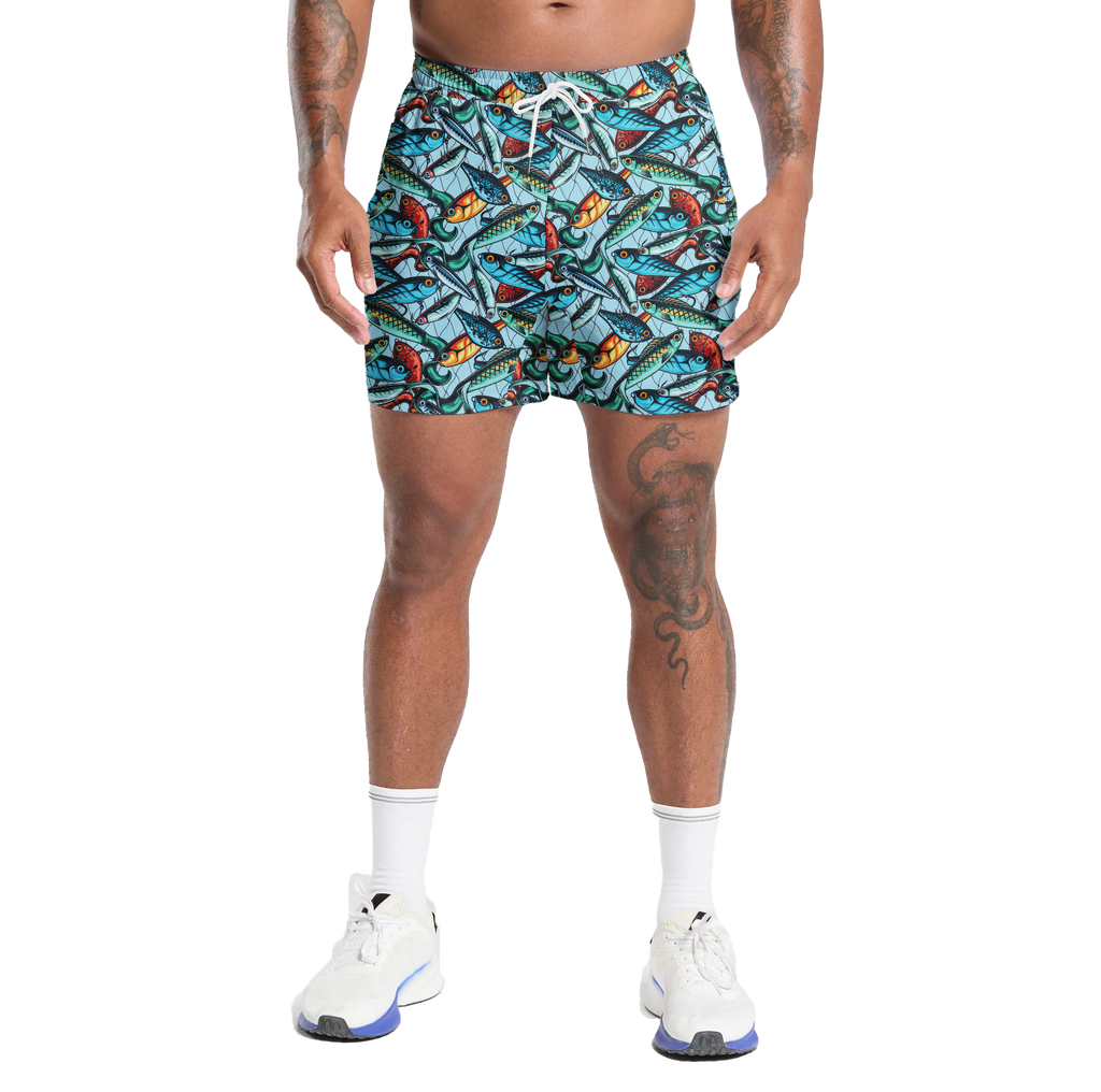 Fishing Lure Gym Shorts - 5 inch inseam shorts with graphic design and pockets, Gift for him, Gift For Her, Gym Gift