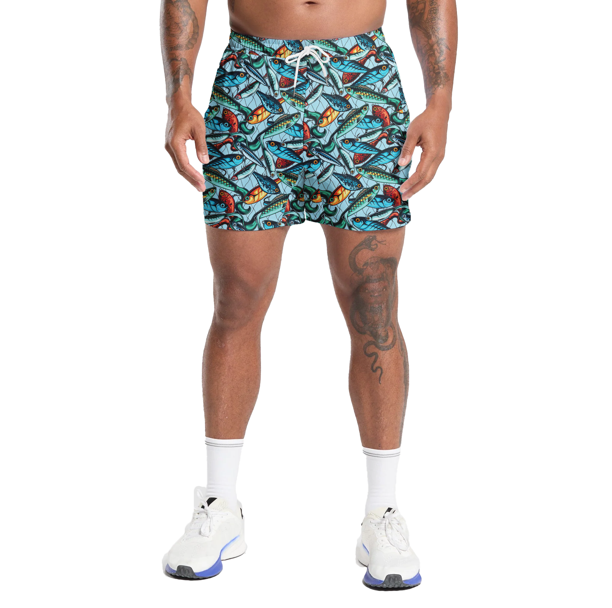 Fishing Lure Gym Shorts - 5 inch inseam shorts with graphic design and pockets, Gift for him, Gift For Her, Gym Gift