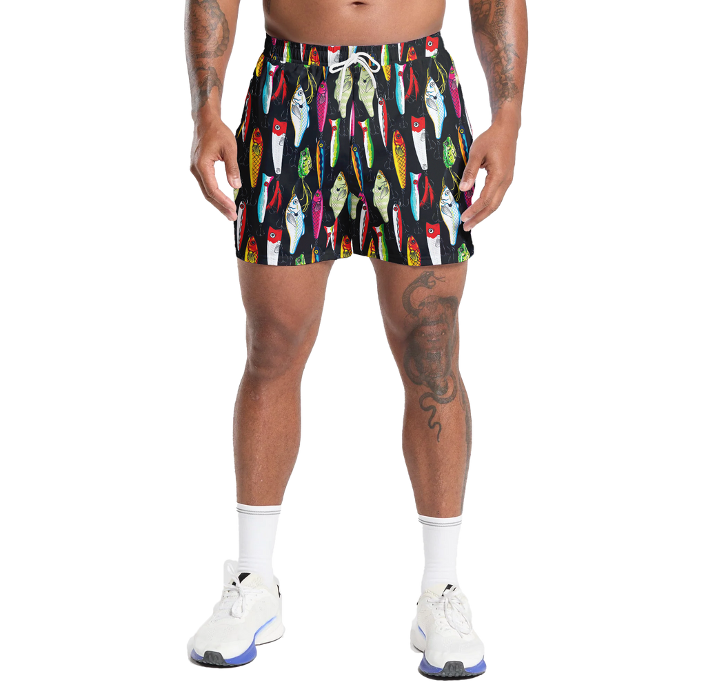 Fishing Lure Gym Shorts - 5 inch inseam shorts with graphic design and pockets, Gift for him, Gift For Her, Gym Gift