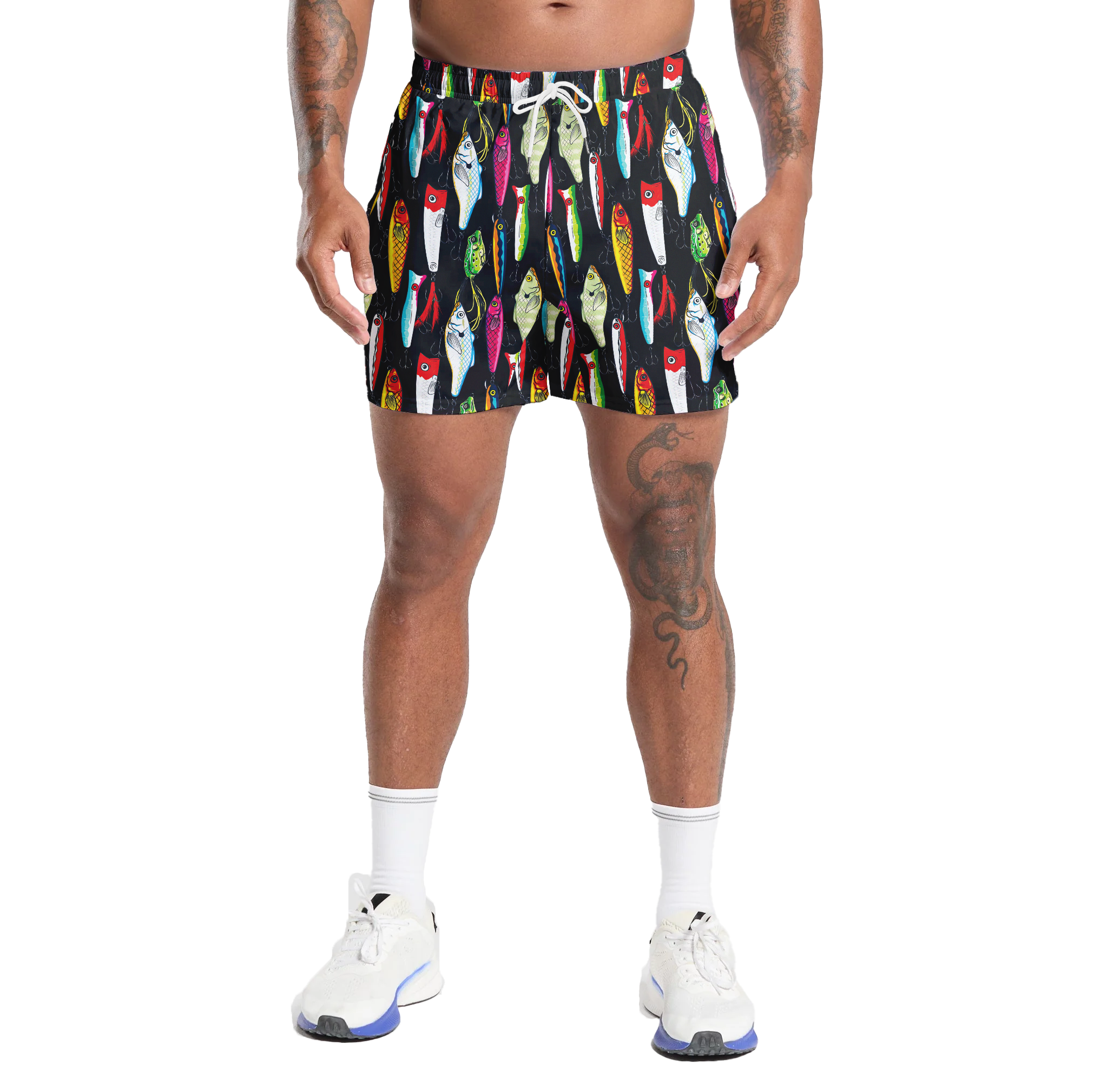 Fishing Lure Gym Shorts - 5 inch inseam shorts with graphic design and pockets, Gift for him, Gift For Her, Gym Gift