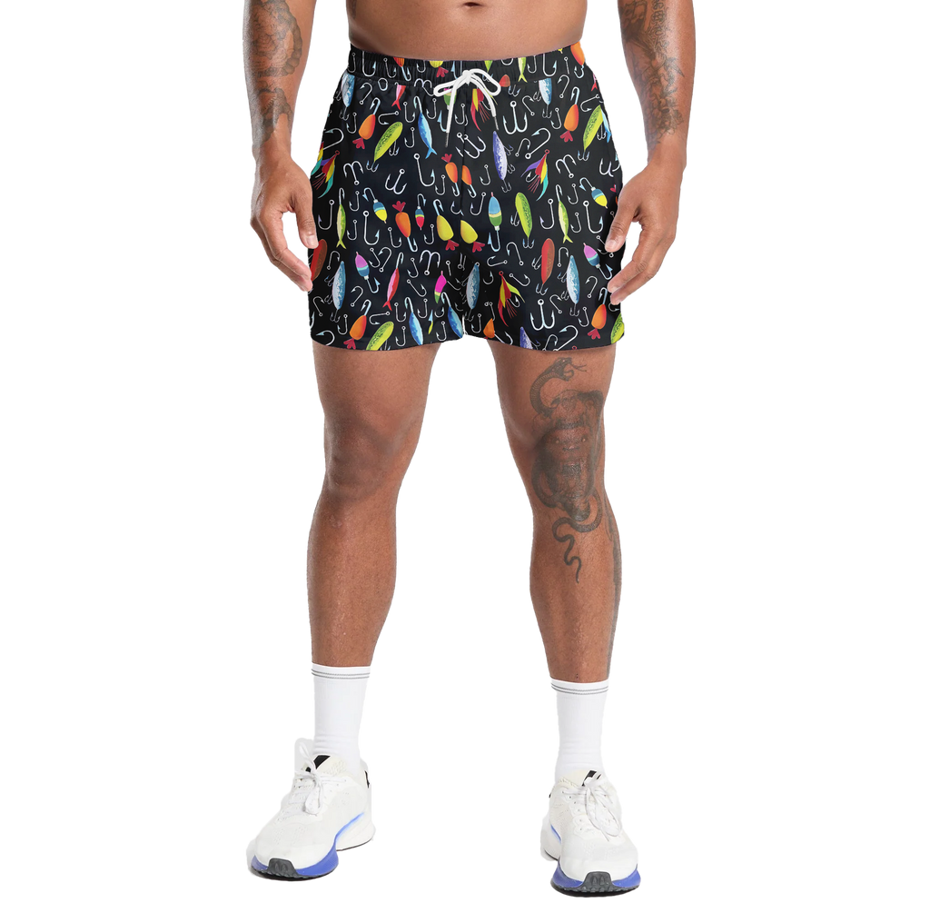 Fishing Lure Gym Shorts - 5 inch inseam shorts with graphic design and pockets, Gift for him, Gift For Her, Gym Gift