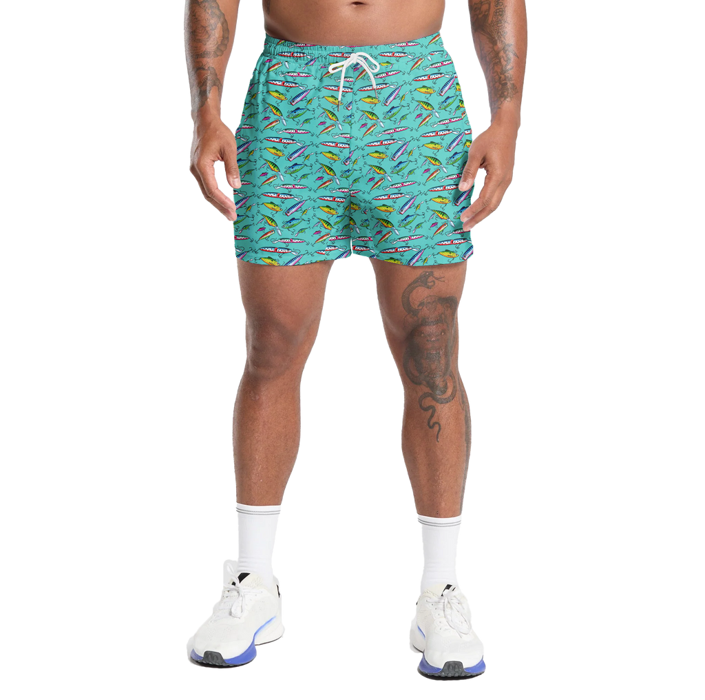 Fishing Lure Gym Shorts - 5 inch inseam shorts with graphic design and pockets, Gift for him, Gift For Her, Gym Gift