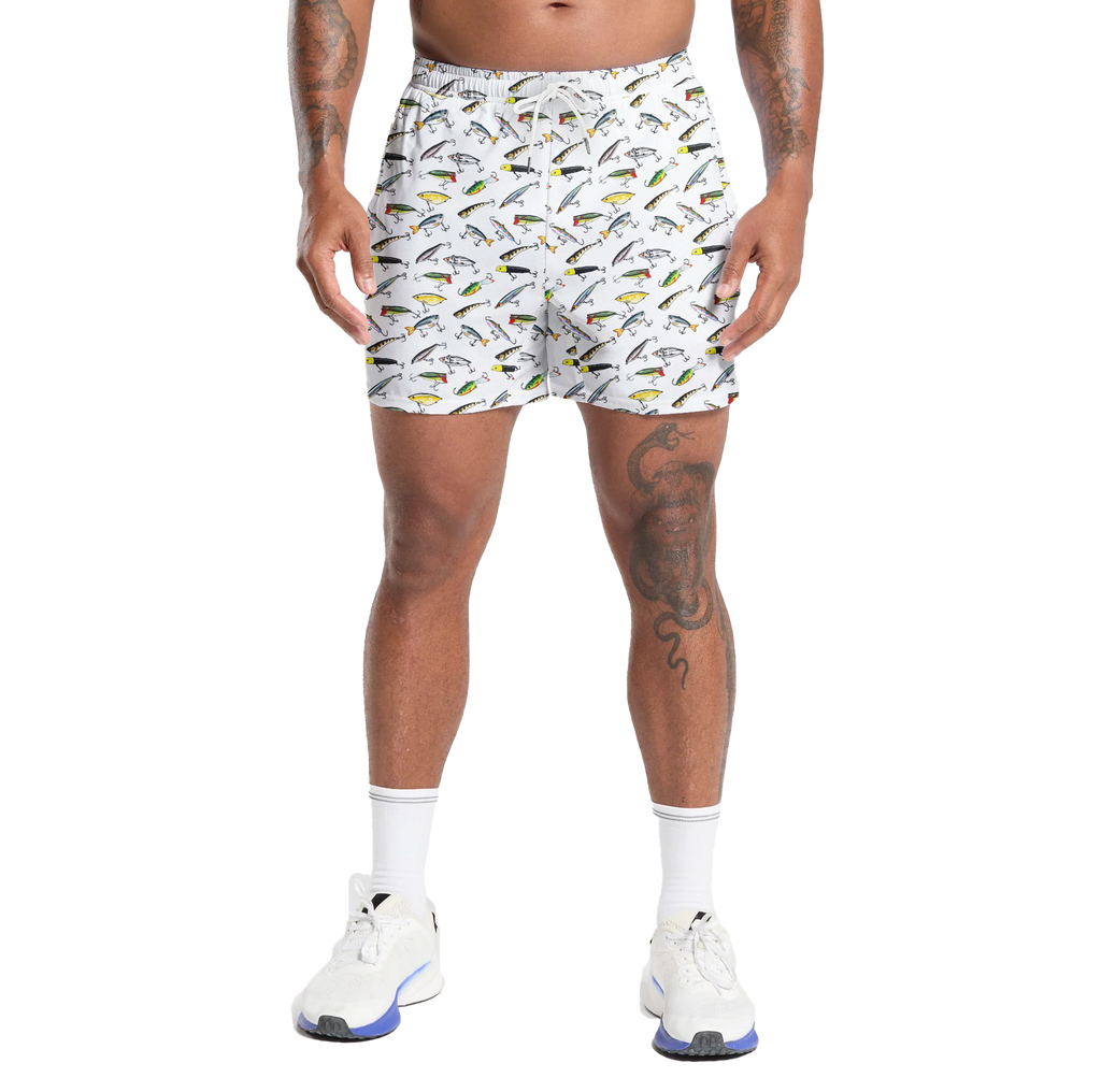 Fishing Lure Gym Shorts - 5 inch inseam shorts with graphic design and pockets, Gift for him, Gift For Her, Gym Gift