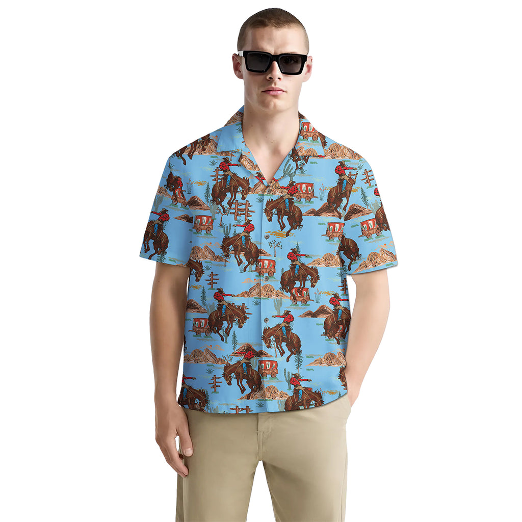 Cowboy Shirt for Men – Western Rodeo Hawaiian Shirt – Funny Button Down Summer Shirt with Horse Print