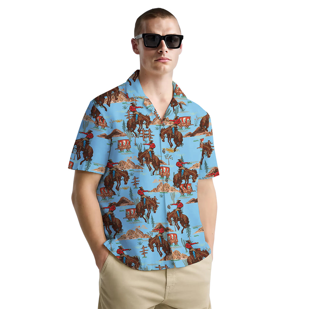 Cowboy Shirt for Men – Western Rodeo Hawaiian Shirt – Funny Button Down Summer Shirt with Horse Print
