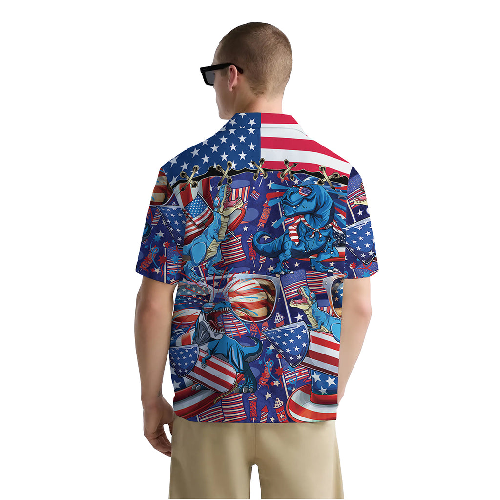 T-Rex Patriotic Hawaiian Shirt – Funny Dinosaur Button Down Summer Shirt for Men – USA Flag Style