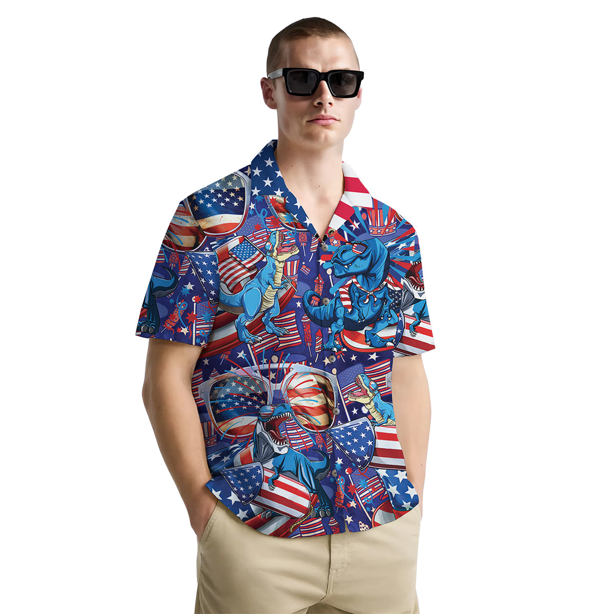 T-Rex Patriotic Hawaiian Shirt – Funny Dinosaur Button Down Summer Shirt for Men – USA Flag Style
