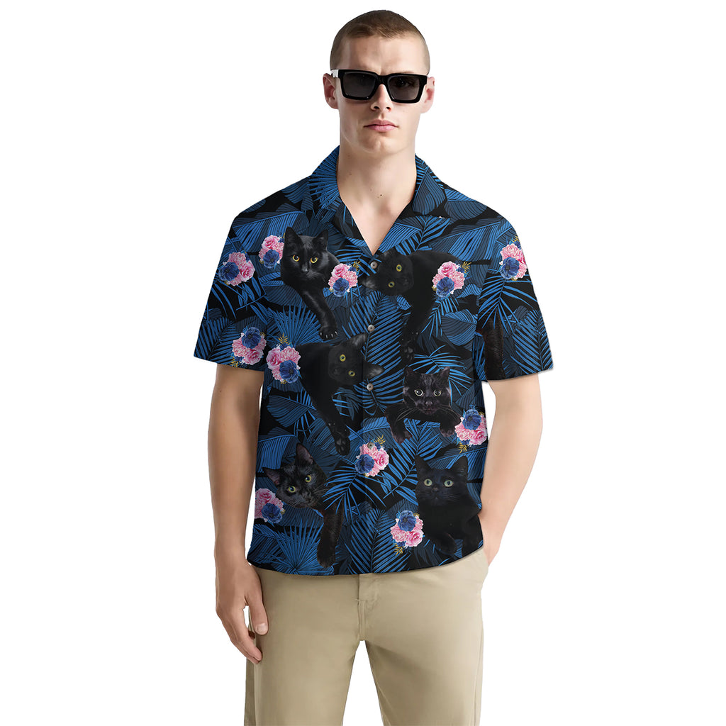 Black Cat Shirt for Men – Funny Tropical Hawaiian Button Down Shirt with Floral Night Print