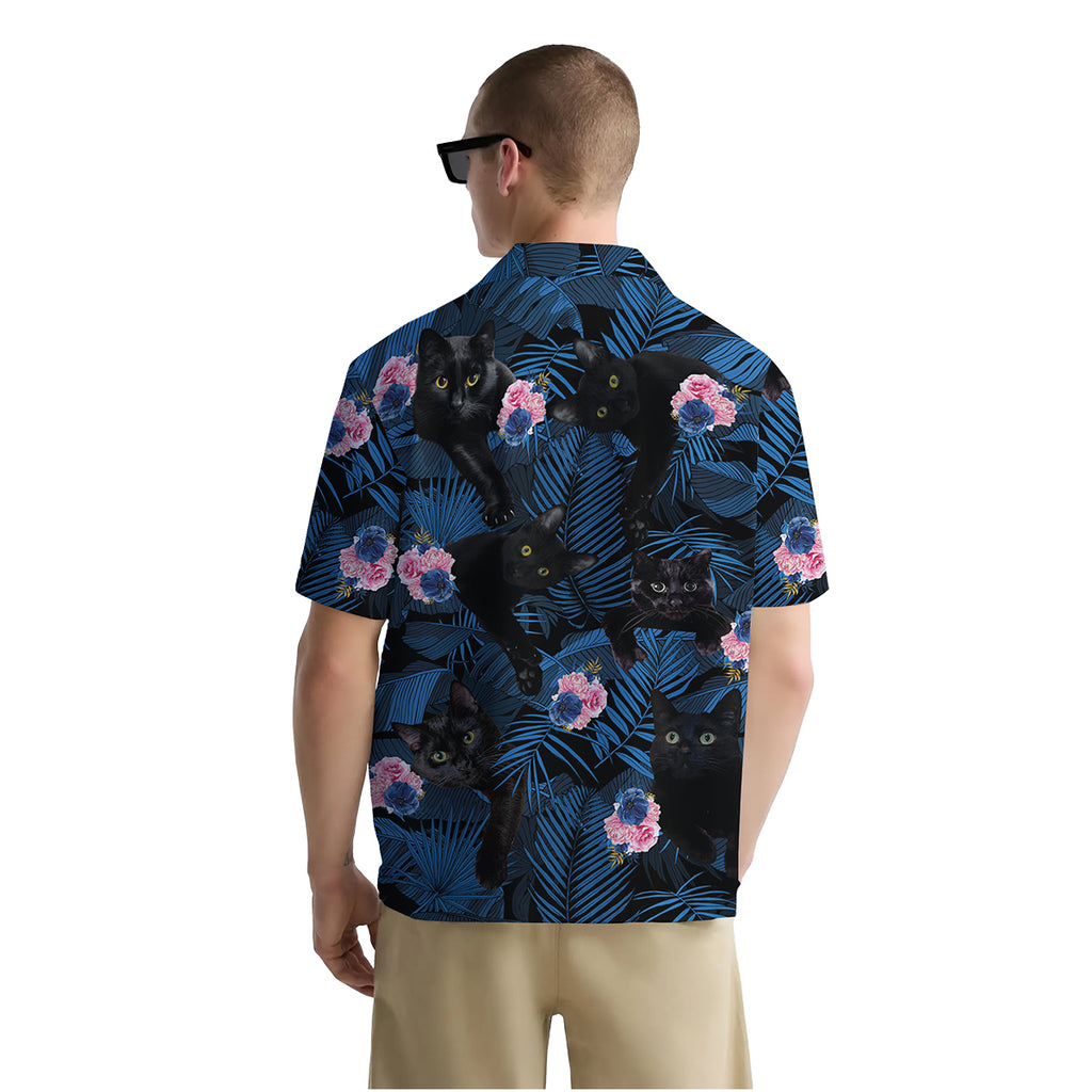 Black Cat Shirt for Men – Funny Tropical Hawaiian Button Down Shirt with Floral Night Print