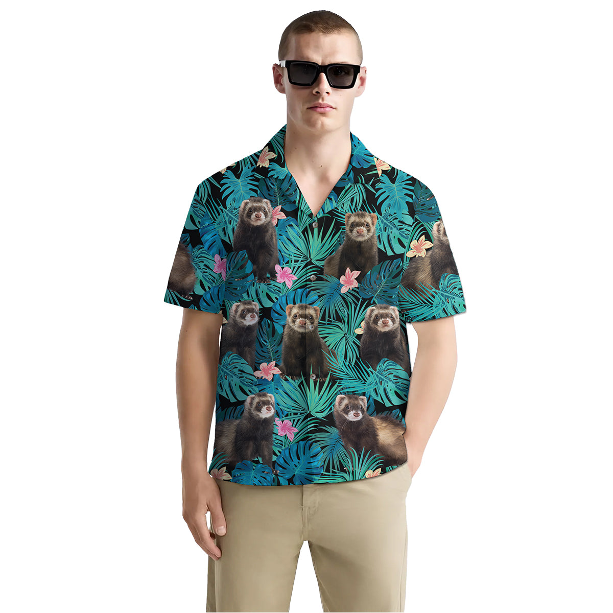 Ferret Shirt for Men – Funny Hawaiian Button Down Summer Shirt with Cute Tropical Pet Print