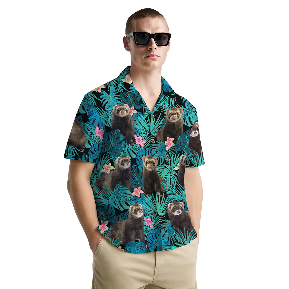 Ferret Shirt for Men – Funny Hawaiian Button Down Summer Shirt with Cute Tropical Pet Print