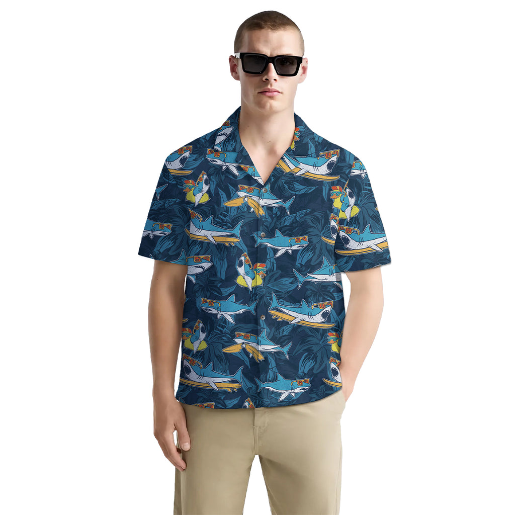 Funny Shark Shirt for Men – Hawaiian Button Down Summer Shirt with Surfing Duck and Sunglass Shark Print