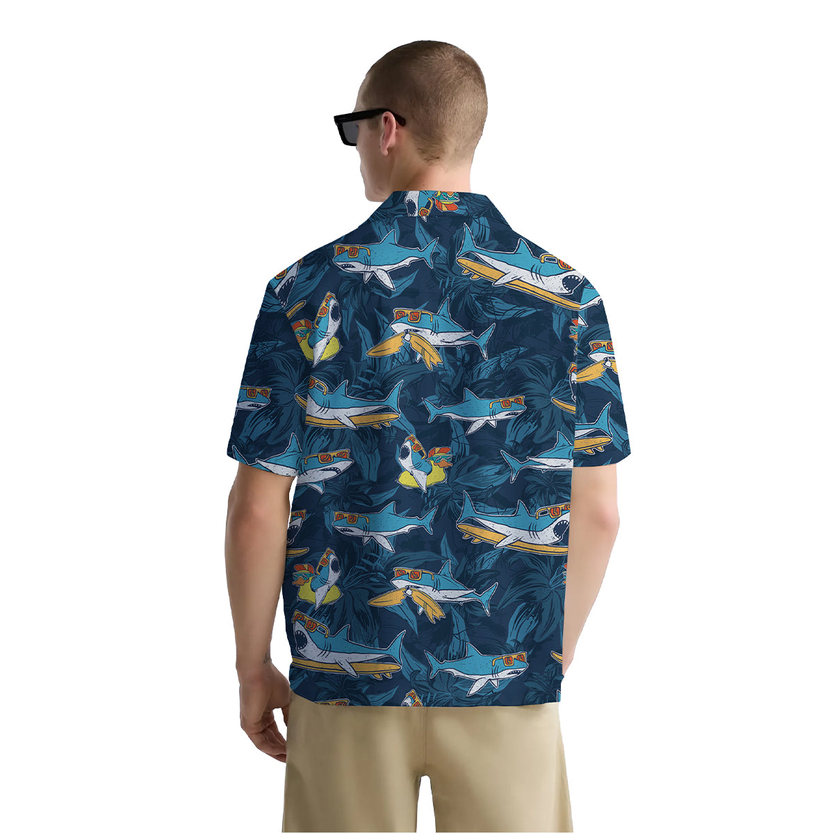 Funny Shark Shirt for Men – Hawaiian Button Down Summer Shirt with Surfing Duck and Sunglass Shark Print