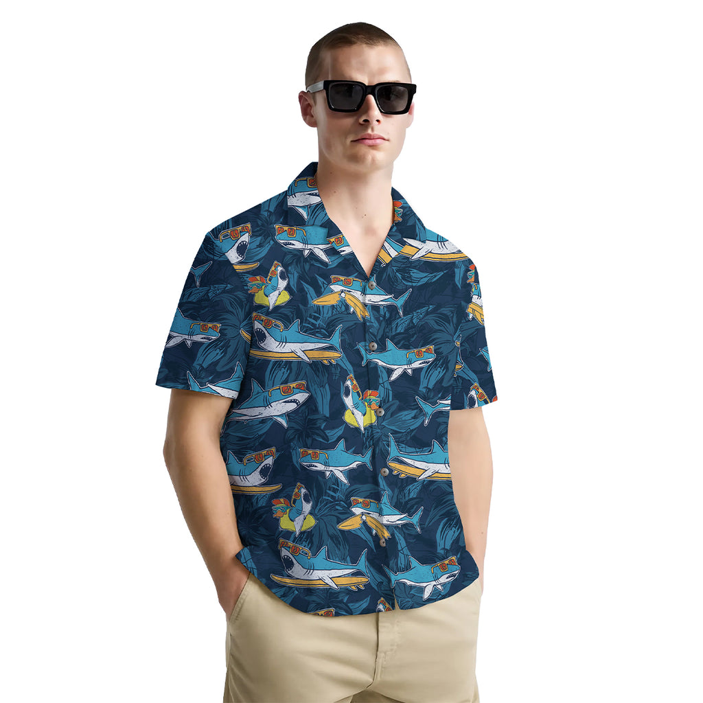 Funny Shark Shirt for Men – Hawaiian Button Down Summer Shirt with Surfing Duck and Sunglass Shark Print
