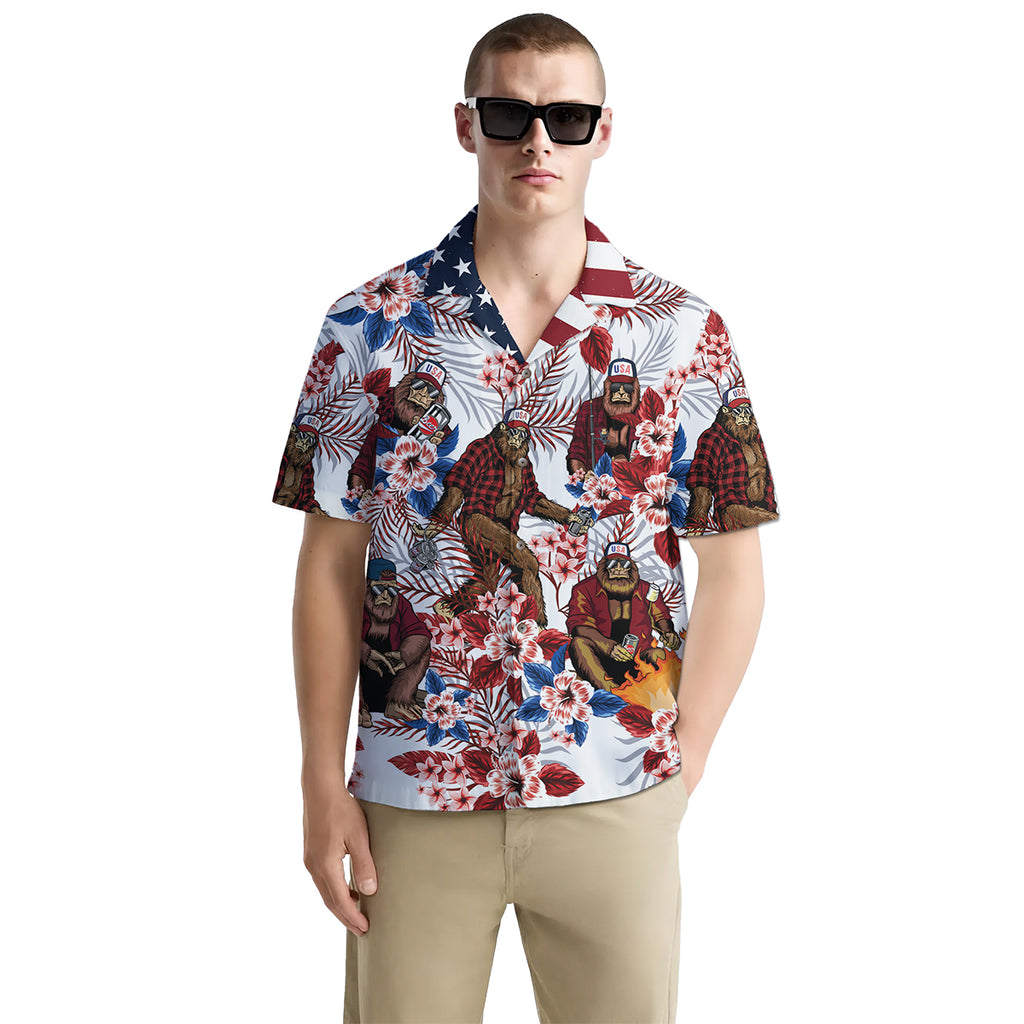 Funny Bigfoot Shirt for Men – USA Flag Hawaiian Button Down Summer Shirt – Patriotic Beer Graphic