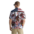 Funny Bigfoot Shirt for Men – USA Flag Hawaiian Button Down Summer Shirt – Patriotic Beer Graphic