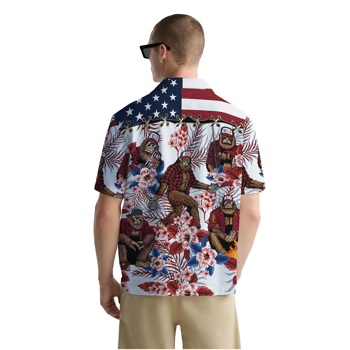 Funny Bigfoot Shirt for Men – USA Flag Hawaiian Button Down Summer Shirt – Patriotic Beer Graphic