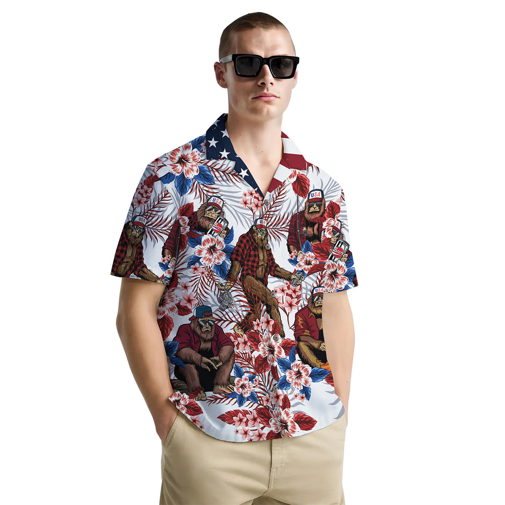Funny Bigfoot Shirt for Men – USA Flag Hawaiian Button Down Summer Shirt – Patriotic Beer Graphic