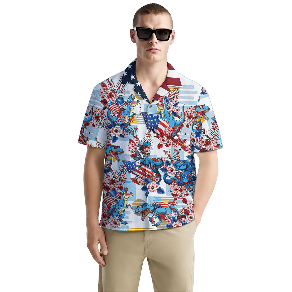 Funny Dinosaur Shirt for Men – T-Rex USA Hawaiian Shirt – Button Down Summer Shirt with American Flag Print