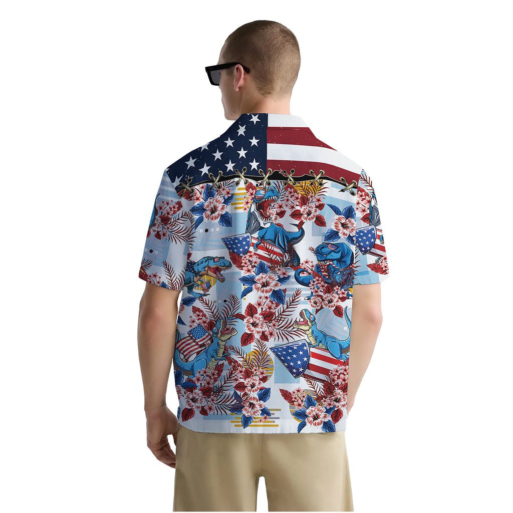Funny Dinosaur Shirt for Men – T-Rex USA Hawaiian Shirt – Button Down Summer Shirt with American Flag Print