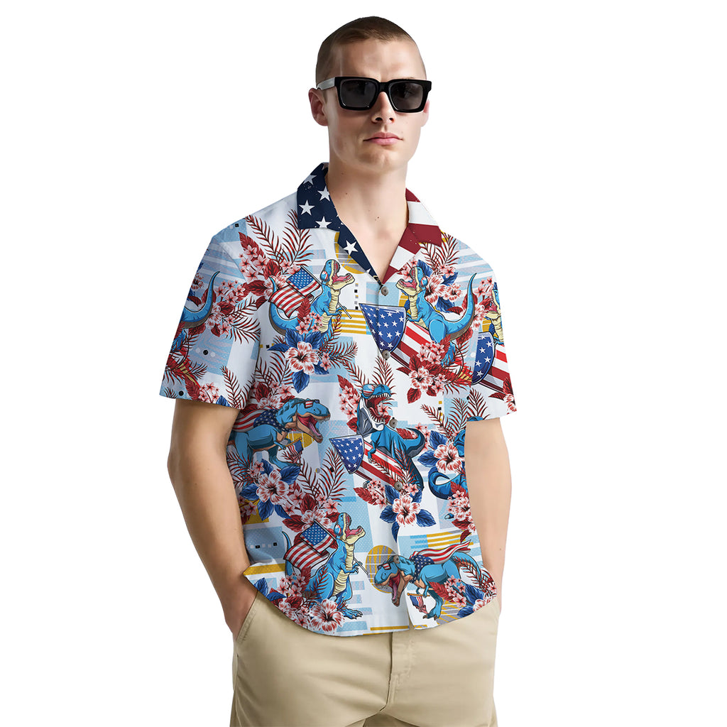 Funny Dinosaur Shirt for Men – T-Rex USA Hawaiian Shirt – Button Down Summer Shirt with American Flag Print