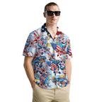 Funny Dinosaur Shirt for Men – T-Rex USA Hawaiian Shirt – Button Down Summer Shirt with American Flag Print