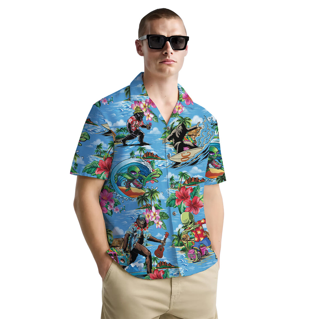 Funny Hawaiian Shirt with Bigfoot Surfing Design, Short Sleeve Button Down Shirt for Men and Women – Perfect for Summer Vacation, Beach Party and Luau Nights