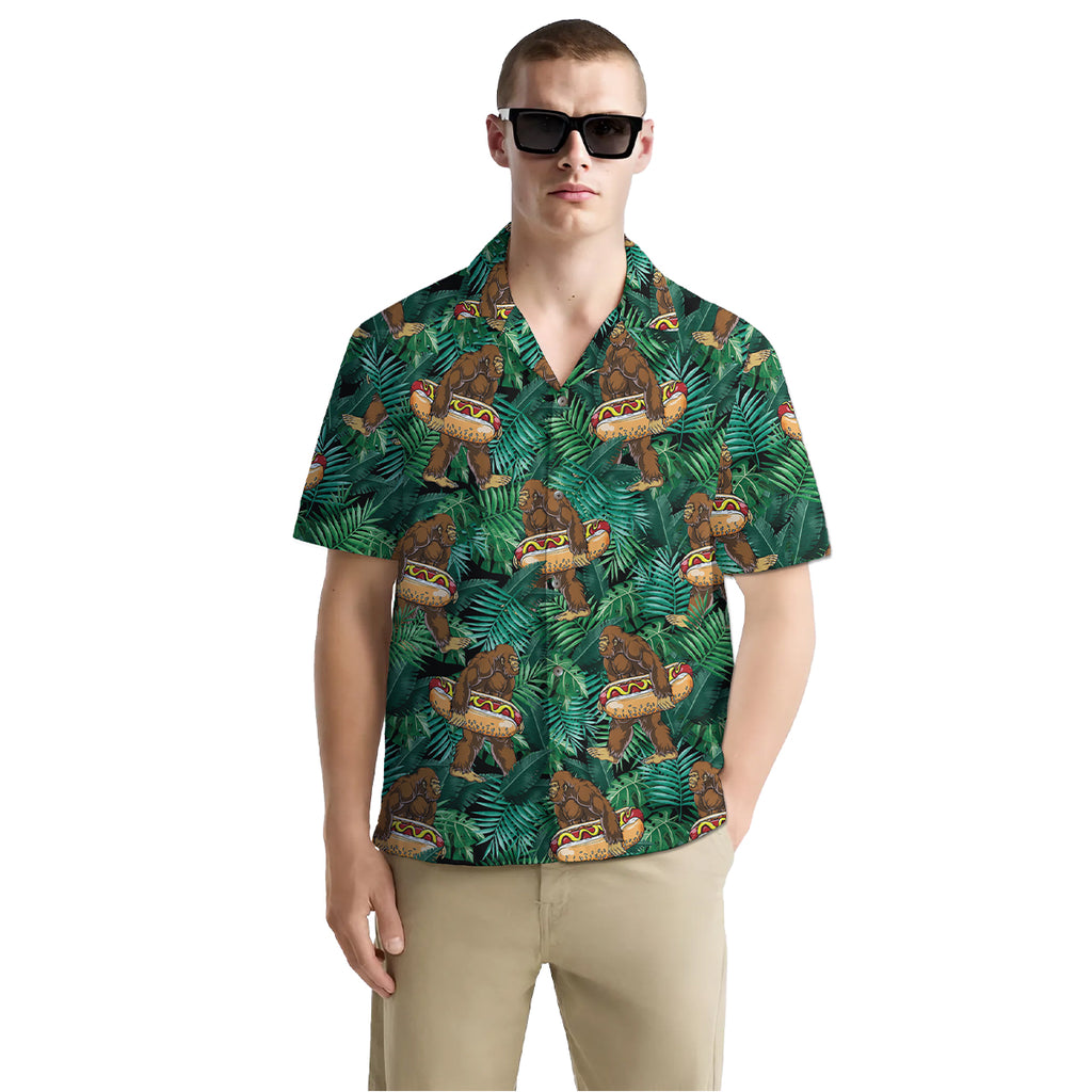 Funny Bigfoot Shirt for Men – Hawaiian Button Down Summer Shirt with Hotdog Float and Jungle Print