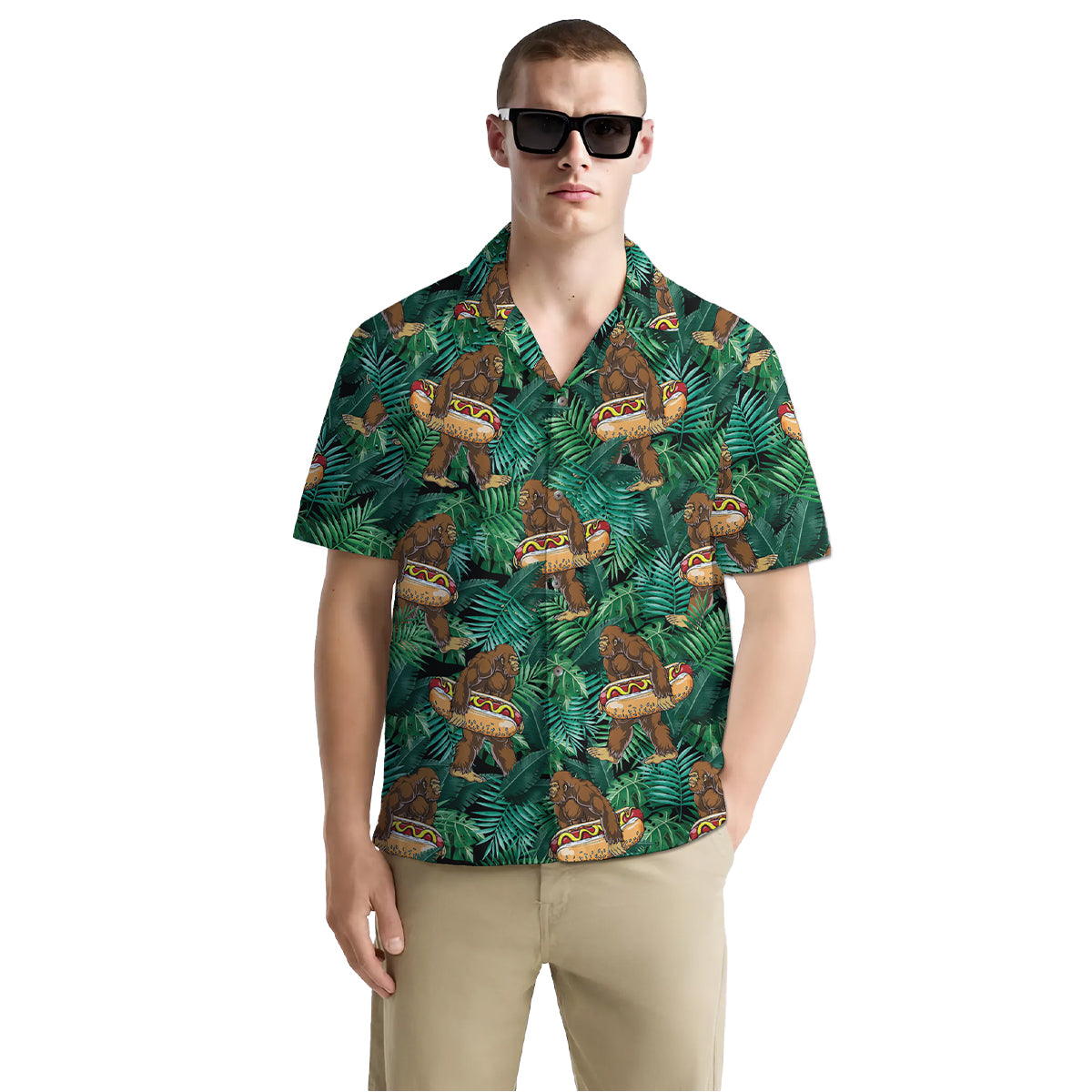 Funny Bigfoot Shirt for Men – Hawaiian Button Down Summer Shirt with Hotdog Float and Jungle Print
