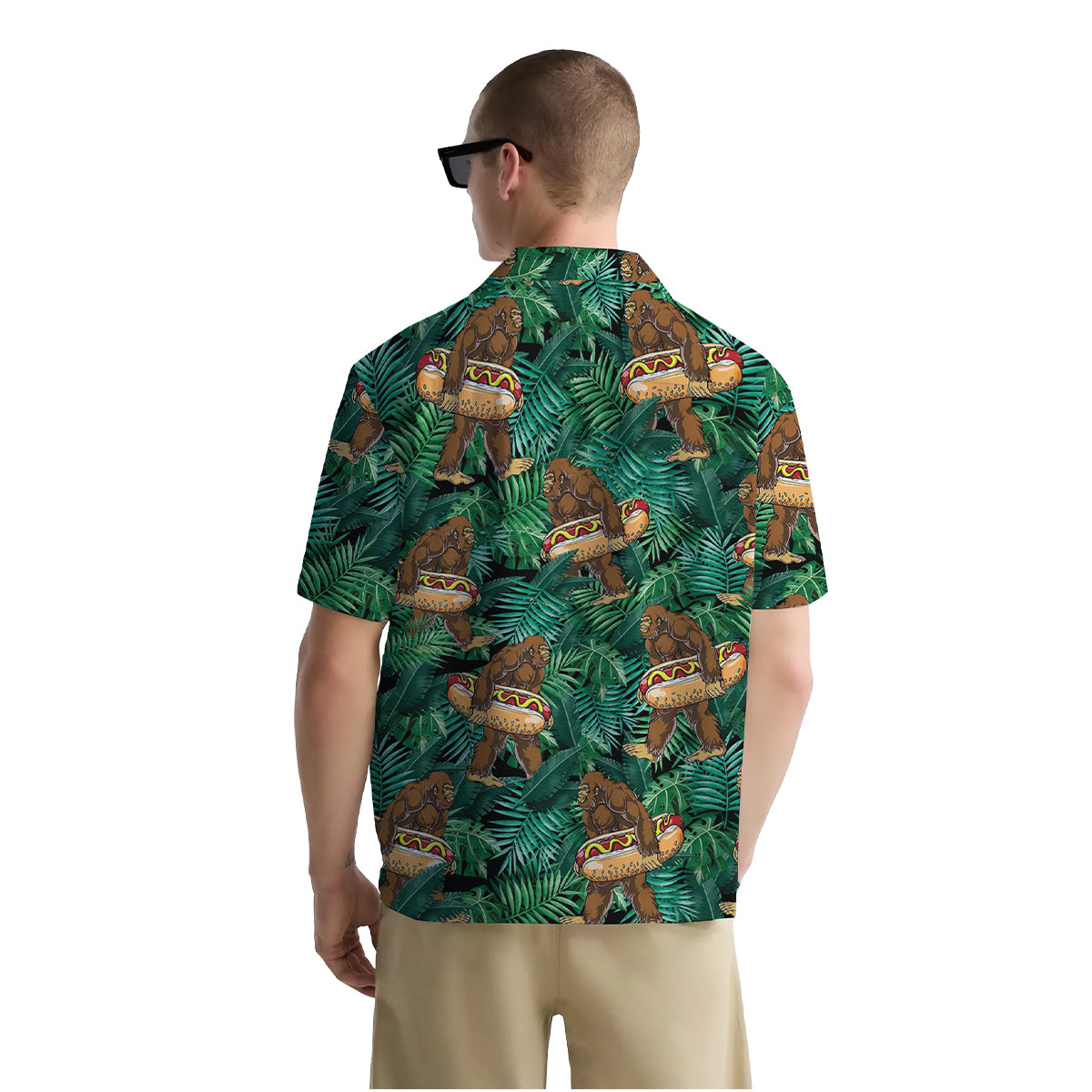 Funny Bigfoot Shirt for Men – Hawaiian Button Down Summer Shirt with Hotdog Float and Jungle Print