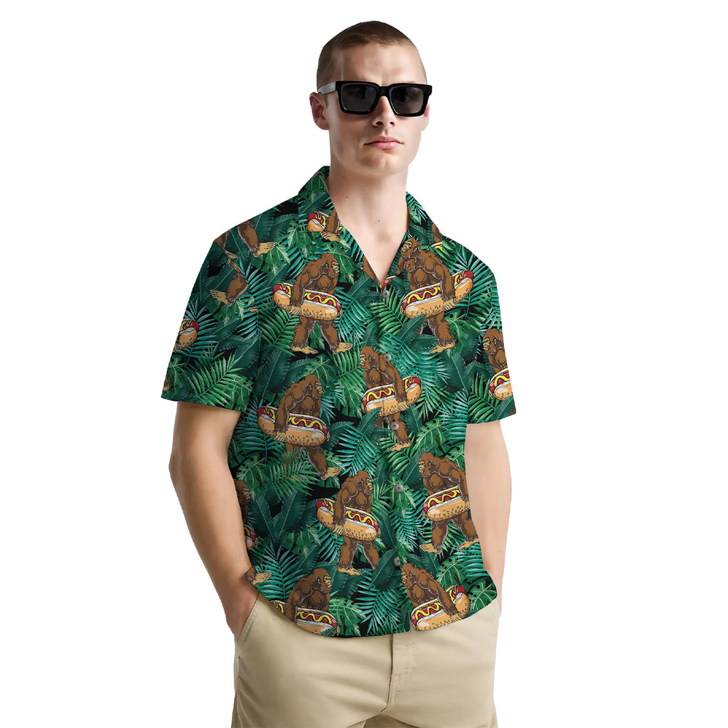 Funny Bigfoot Shirt for Men – Hawaiian Button Down Summer Shirt with Hotdog Float and Jungle Print