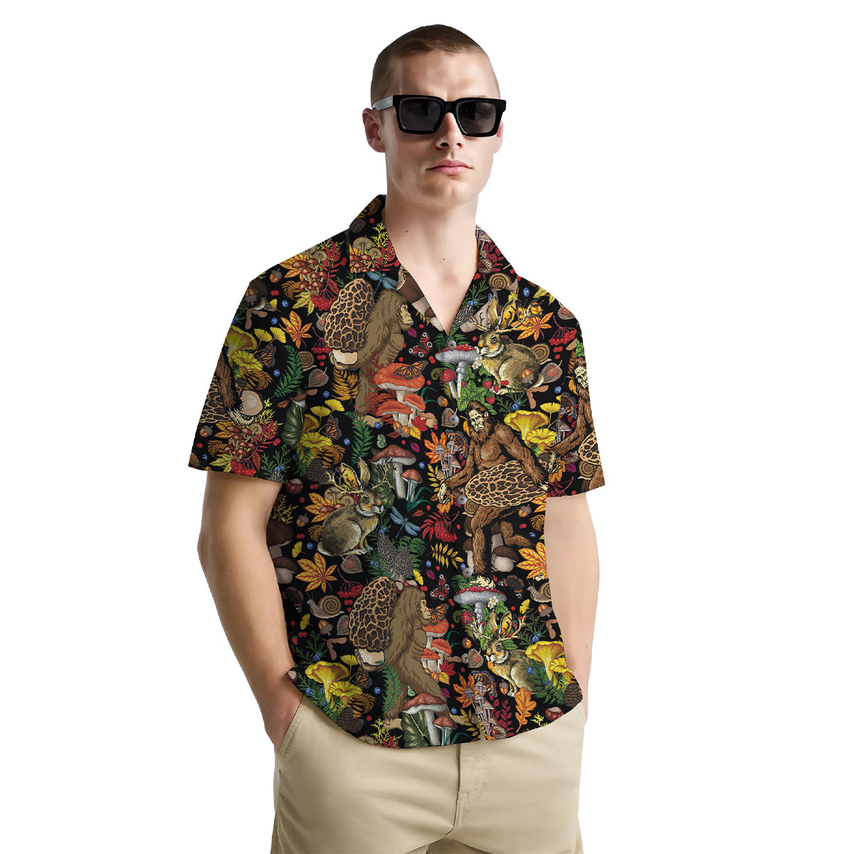 Funny Bigfoot Shirt for Men – Mushroom Forest Button Down Summer Shirt – Cryptid Hawaiian Style
