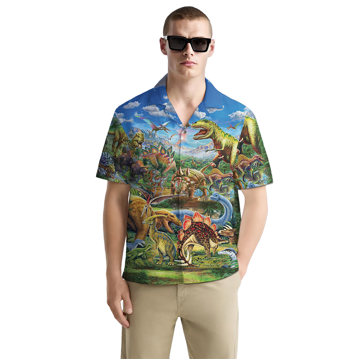 Dinosaur Shirt for Men – Colorful Jurassic Hawaiian Button Down Summer Shirt with T-Rex and Stegosaurus Print