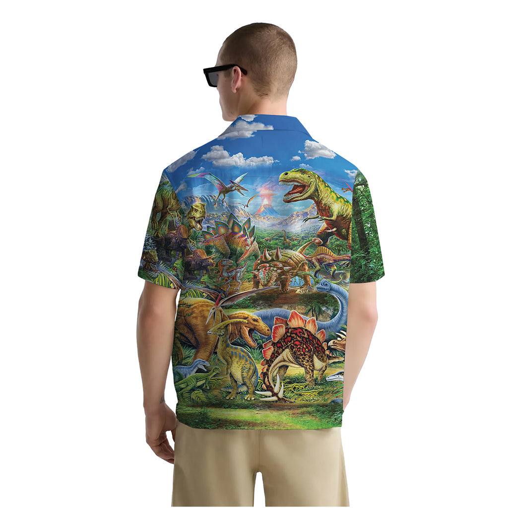Dinosaur Shirt for Men – Colorful Jurassic Hawaiian Button Down Summer Shirt with T-Rex and Stegosaurus Print