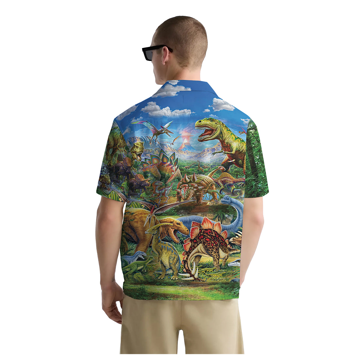 Dinosaur Shirt for Men – Colorful Jurassic Hawaiian Button Down Summer Shirt with T-Rex and Stegosaurus Print