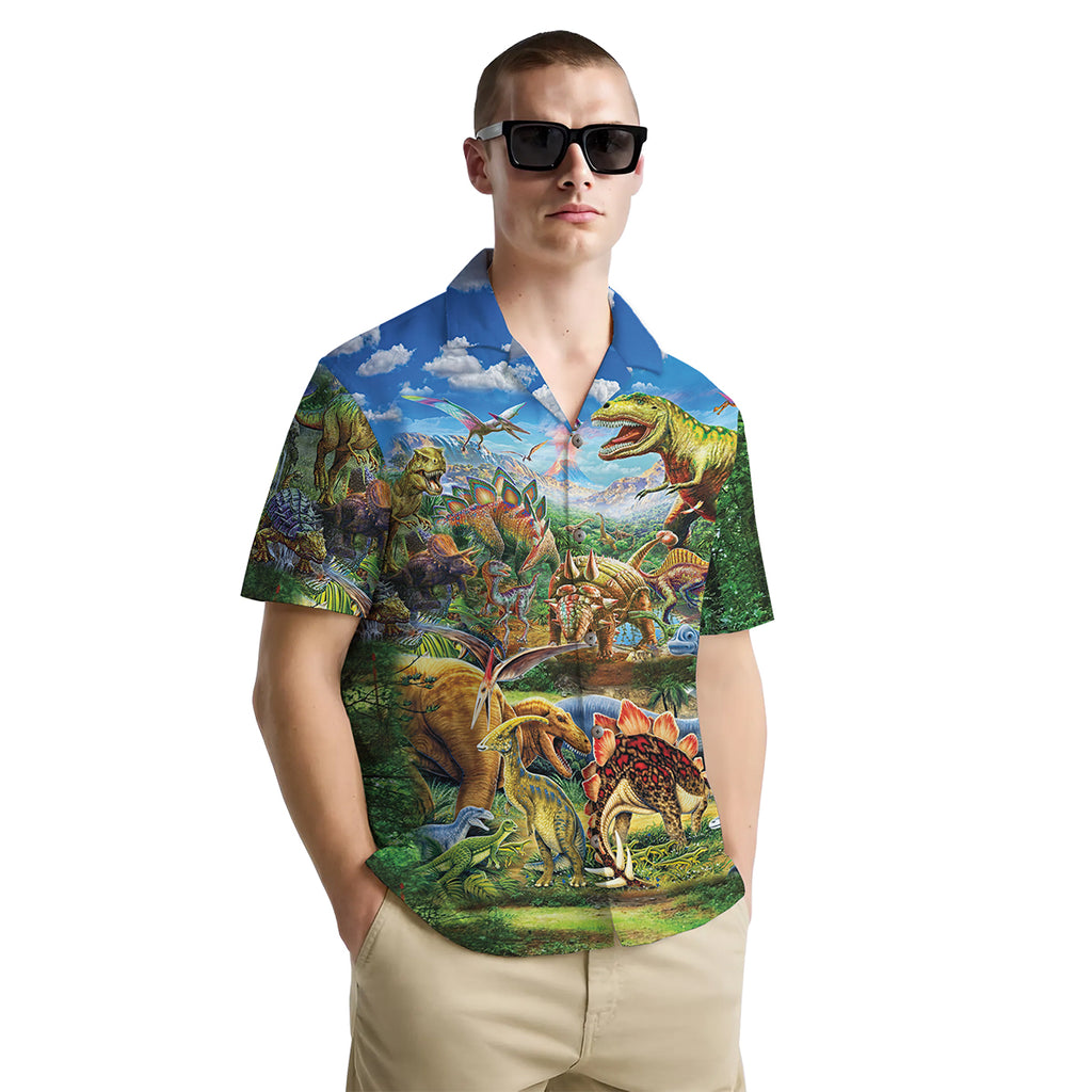 Dinosaur Shirt for Men – Colorful Jurassic Hawaiian Button Down Summer Shirt with T-Rex and Stegosaurus Print