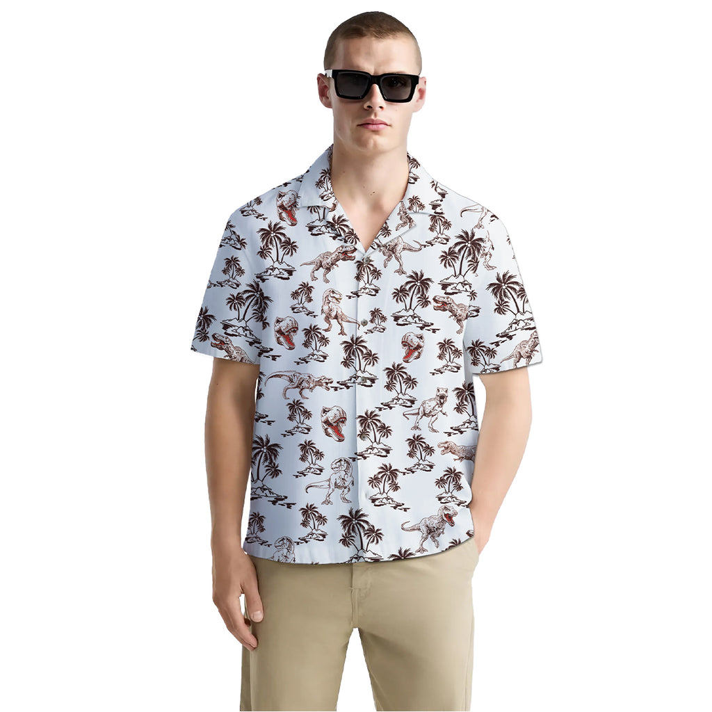 T-Rex Hawaiian Shirt for Men – Funny Dinosaur Button Down Summer Shirt with Palm Tree Print