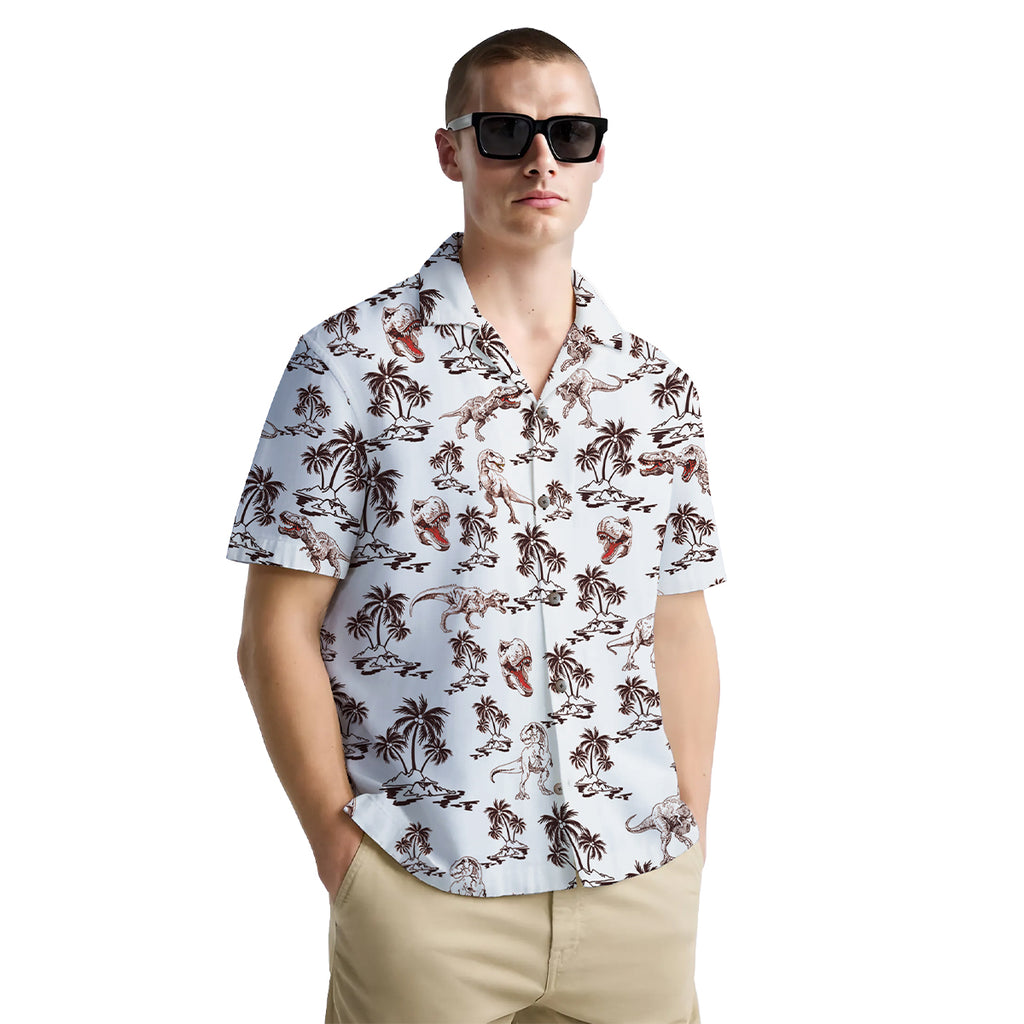 T-Rex Hawaiian Shirt for Men – Funny Dinosaur Button Down Summer Shirt with Palm Tree Print