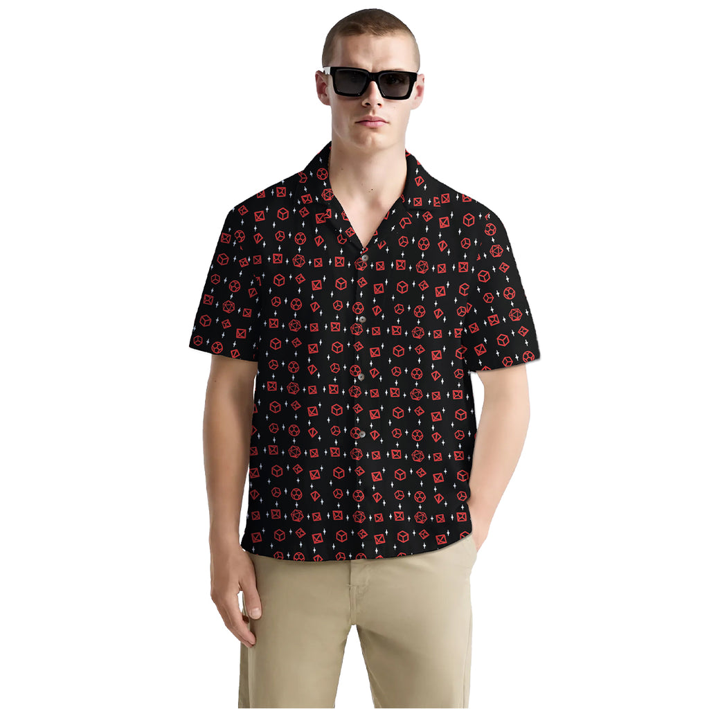 Minimalist Dice Shirt for Men – Red D20 Graphic Print – RPG Hawaiian Button Down for Game Night