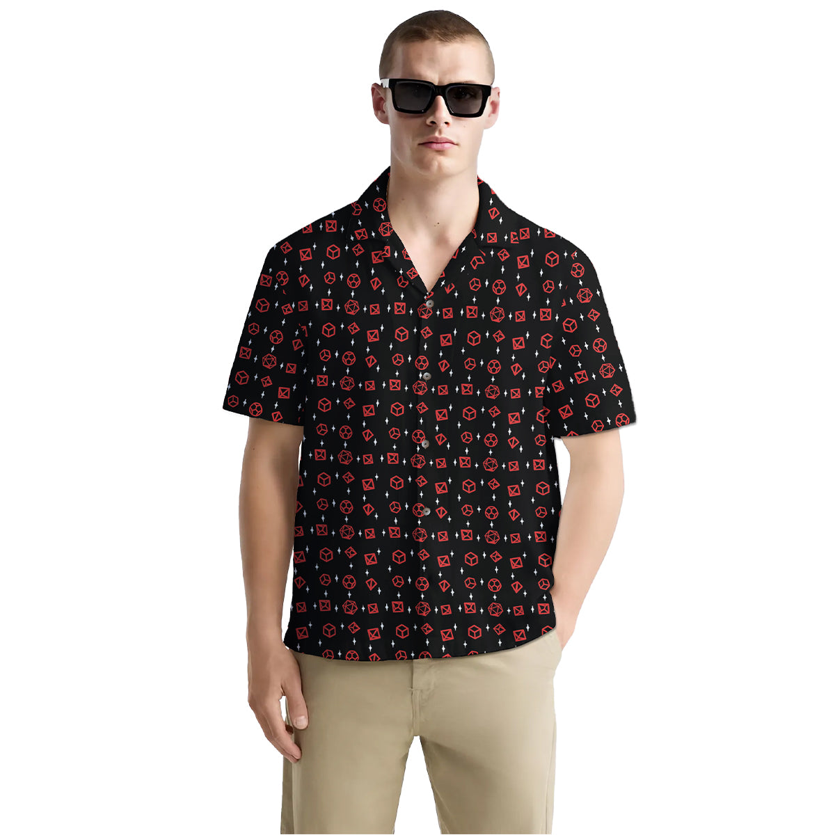 Minimalist Dice Shirt for Men – Red D20 Graphic Print – RPG Hawaiian Button Down for Game Night
