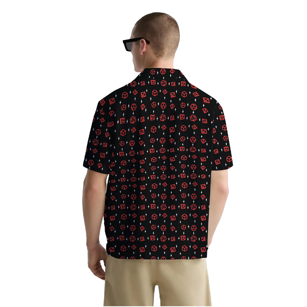 Minimalist Dice Shirt for Men – Red D20 Graphic Print – RPG Hawaiian Button Down for Game Night