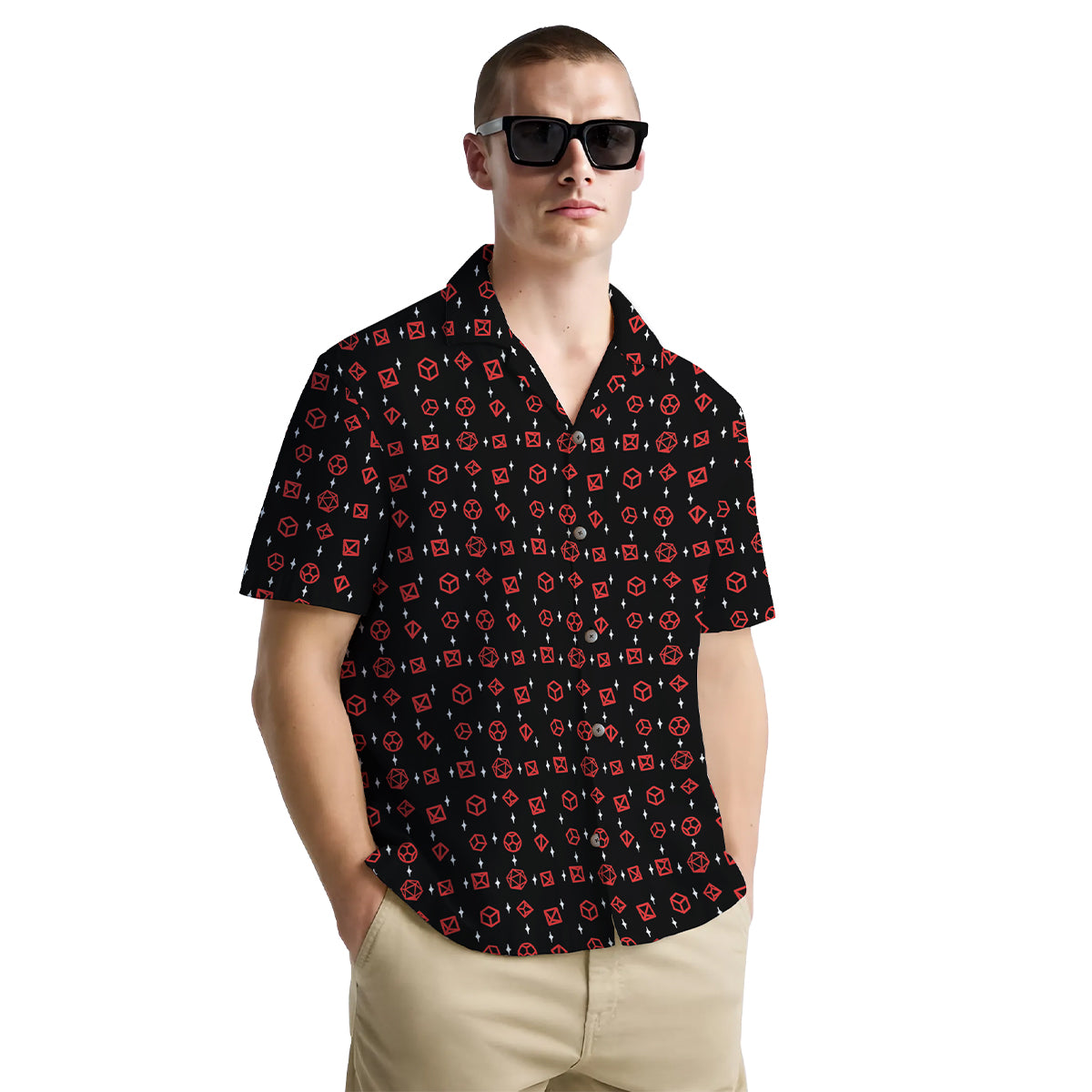 Minimalist Dice Shirt for Men – Red D20 Graphic Print – RPG Hawaiian Button Down for Game Night