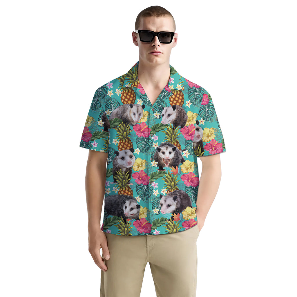Funny Possum Shirt for Men – Hawaiian Button Down Summer Shirt with Opossum and Pineapple Print