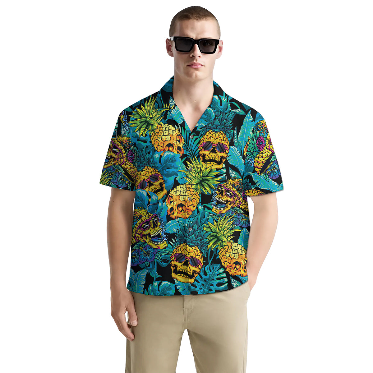 Pineapple Skull Shirt for Men – Funny Hawaiian Button Down Shirt with Neon Sunglasses Skull Design
