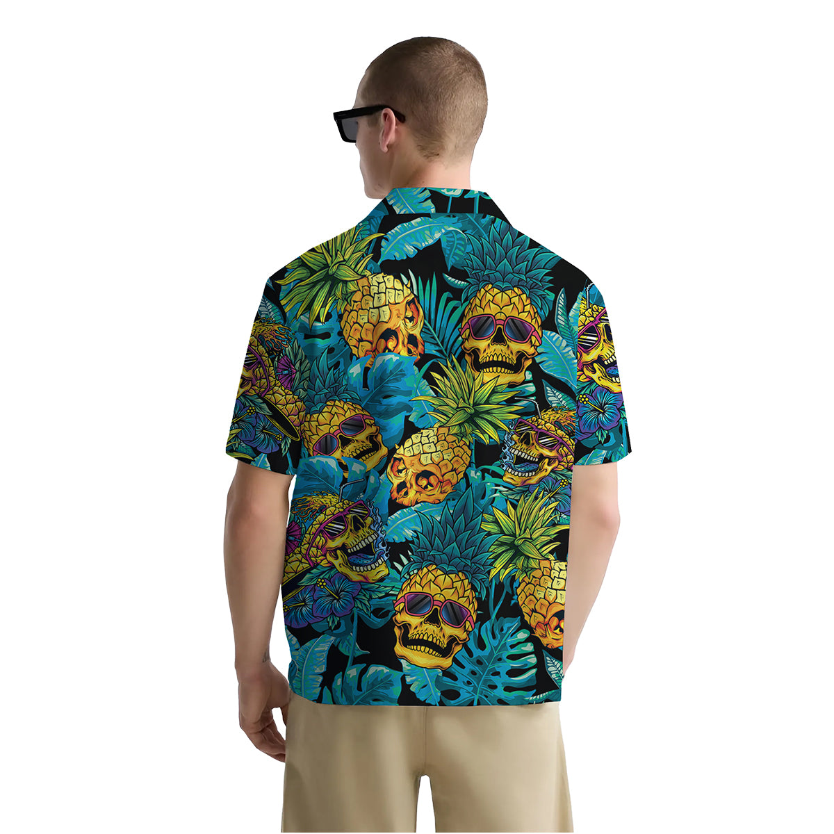 Pineapple Skull Shirt for Men – Funny Hawaiian Button Down Shirt with Neon Sunglasses Skull Design