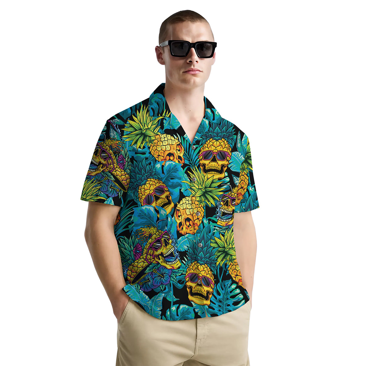 Pineapple Skull Shirt for Men – Funny Hawaiian Button Down Shirt with Neon Sunglasses Skull Design