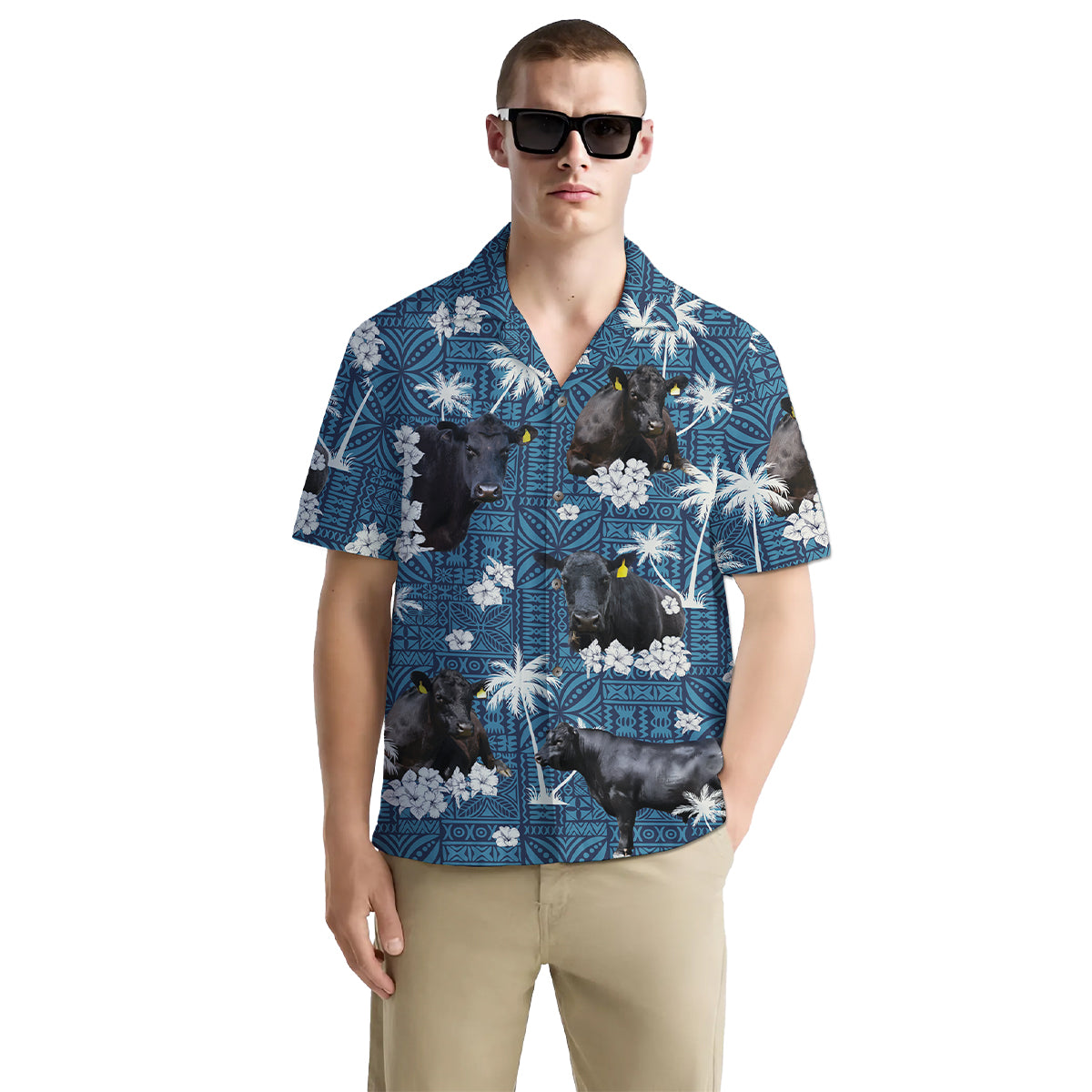 Funny Cow Shirt for Men – Hawaiian Style Button Down Summer Shirt with Black Cattle Print