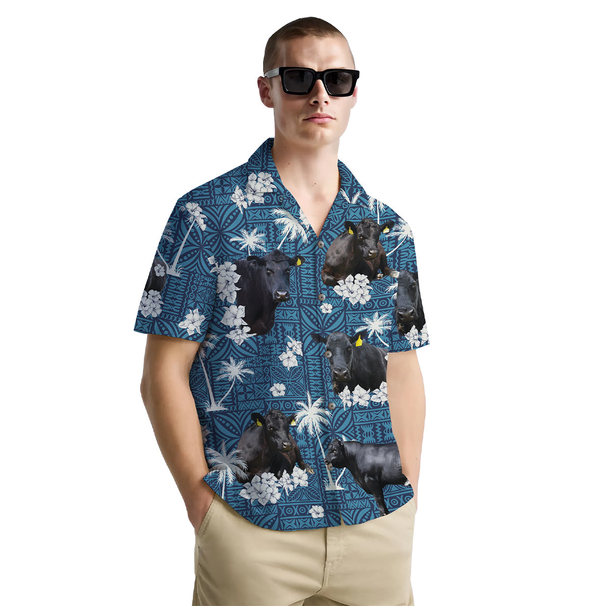 Funny Cow Shirt for Men – Hawaiian Style Button Down Summer Shirt with Black Cattle Print